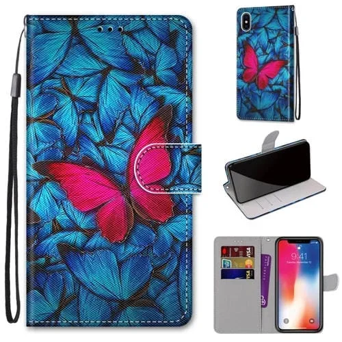 Funda para iPhone X Xs Cuero PU con Tapa Horizontal Soporte Ranuras Tarjetas Billetera Cordón (Mariposa Azul Roja)