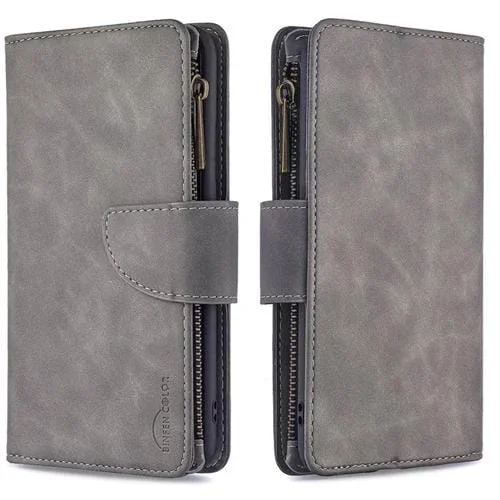 Funda para iPhone X Xs Cuero PU Cremallera Magnética Tapa Horizontal Ranuras Tarjetas Soporte Billetera Marco Fotos Cordón (Gris)
