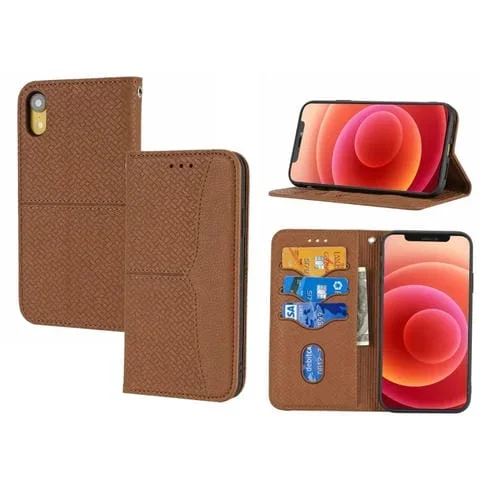 Funda para iPhone X Xs Cuero PU Textura Tejida Costura Tapa Horizontal Magnética Soporte Ranuras Tarjetas Billetera Cordón (Marrón)