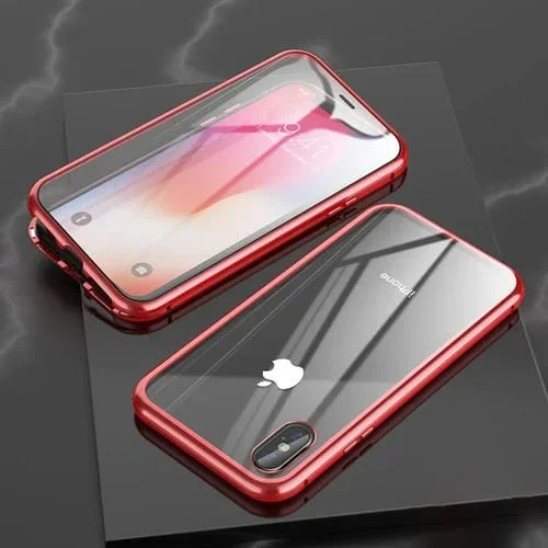 Funda para iPhone X Xs Ultra Slim Marco Angular Vidrio Templado Magnet Flip Case (Rojo)