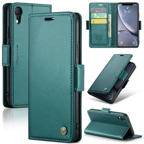 Funda para iPhone Xr Caseme 023 Mariposa Hebilla Litchi Textura Rfid Cuero Antirrobo (Azul Perlado)