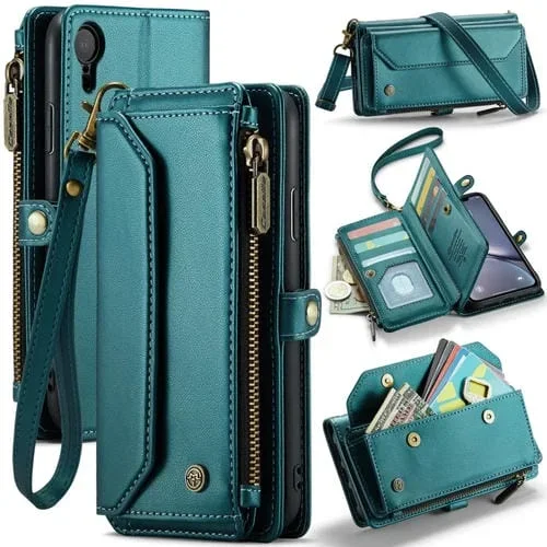 Funda para iPhone Xr Caseme C36 Cartera con Ranuras para Tarjetas Cremallera Cuero Antirrobo Rfid (Azul-Verde)