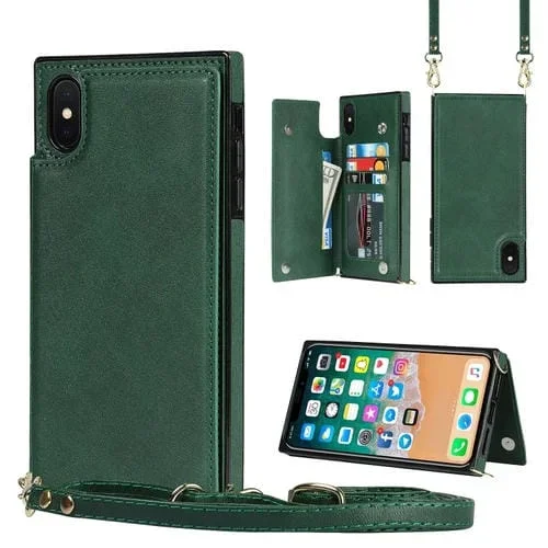 Funda para iPhone Xr Cross-Body Square Double Buckle Flip Card Bag TPU con Ranuras para Tarjetas y Billetera y Foto y Correa (Verde)