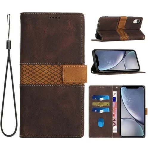 Funda para iPhone Xr Cuero Costuras en Cuadrícula con Cordón (Marrón)