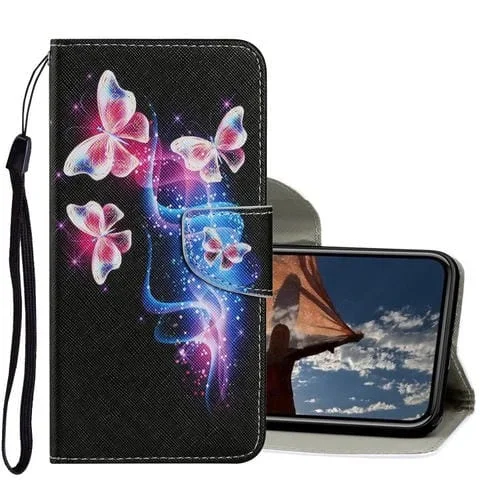 Funda para iPhone Xr Cuero PU con Tapa Horizontal Soporte Ranuras Tarjetas Billetera Cordón (Tres Mariposas Fluorescentes)