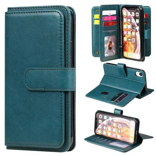 Funda para iPhone Xr Hebilla de Cobre Multifuncional Cuero Tapa Horizontal 10 Ranuras (Verde Oscuro)