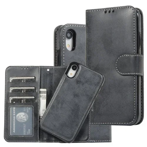 Funda para iPhone Xr Klt888-2 2 en 1 Cuero TPU + PU con Tapa Magnética Desmontable Soporte Ranuras Tarjetas Marco Fotos Billetera (Negro)