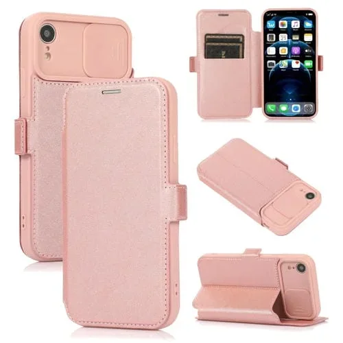 Funda para iPhone Xr PU con Doble Hebilla, Tapa Horizontal de Silicona, Soporte y Ranura para Tarjeta (Oro Rosa)