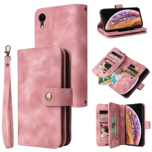 Funda para iPhone Xr Ranura para Tarjeta Multifuncional con Cremallera Cuero (Oro Rosa)