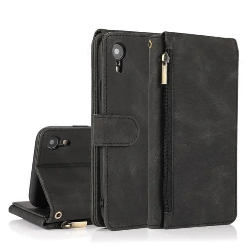 Funda para iPhone Xr Skin-Feel Crazy Horse Texture Zipper Wallet Bag Cuero con Tapa Horizontal Soporte Ranuras y Cordón (Negro)