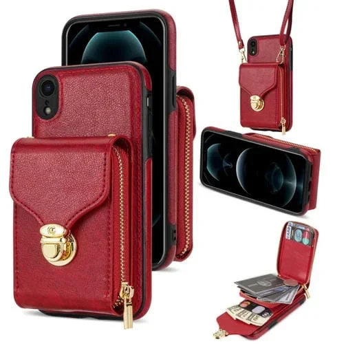 Funda para iPhone Xr Zipper Hardware Card Wallet Phone Case (Rojo)