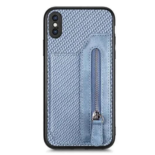 Funda para iPhone Xs Max Carbon Fiber Horizontal Flip Zipper Wallet Phone Case (Azul)