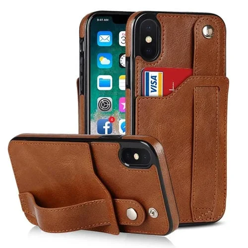 Funda para iPhone Xs Max Crazy Horse Texture Cuero TPU + PU a Prueba de Golpes con Ranura para Tarjeta y Correa para la Muñeca (Marrón)