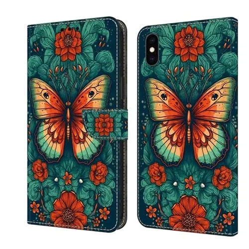 Funda para iPhone Xs Max Cuero Pintada con Cristales Mariposa de Flores