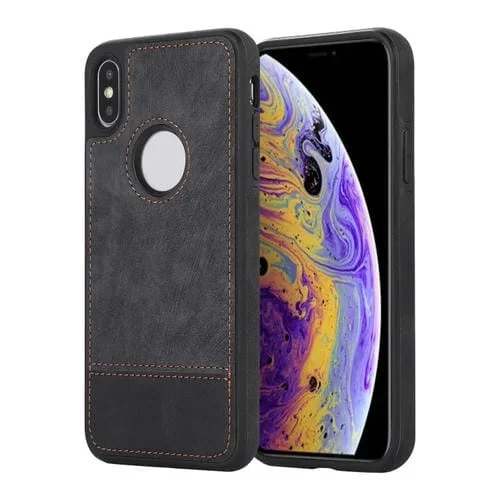 Funda para iPhone Xs Max Empalme Costura Caja de Teléfono de PU con Recorte (Negro)