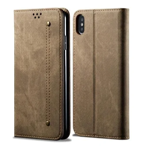 Funda para iPhone Xs Max Textura de Mezclilla Cuero con Tapa Horizontal Soporte y Ranuras para Tarjetas y Billetera (Caqui)
