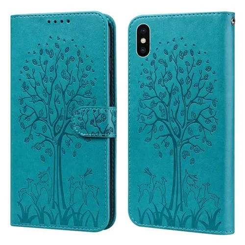Funda para iPhone Xs Max Tree & Deer Patrón Prensado Impresión Horizontal Flip de Cuero (Azul)