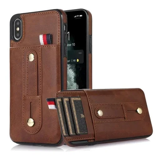 Funda para iPhone Xs Max Wristband Kickstand Wallet de Cuero para Teléfono (Marrón)