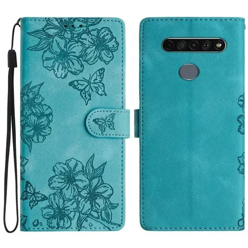 Funda para LG K51S Cherry Blossom Butterfly Skin Feel de PU en Relieve (Verde)