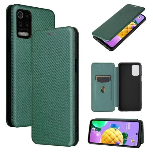 Funda para LG K52 / K62 Cuero con Tapa Magnética Horizontal Textura Fibra de Carbono TPU + PC + PU (Verde)