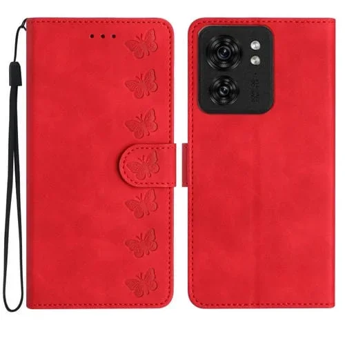 Funda para Motorola Edge 40 de Cuero con Relieve de Siete Mariposas (Rojo)