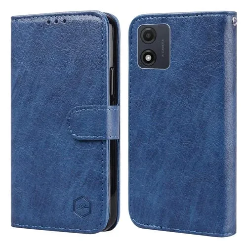 Funda para Motorola Moto E13 con Textura de Cuero Aceitado PU + TPU (Azul Oscuro)