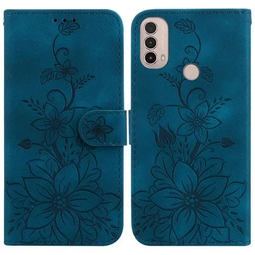 Funda para Motorola Moto E20 E30 E40 de Cuero con Relieve Lily (Azul Oscuro)