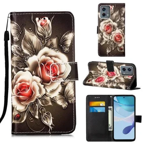 Funda para Motorola Moto G 5G 2023 de Cuero Tejido Liso con Patrón de Rosas (Negro)