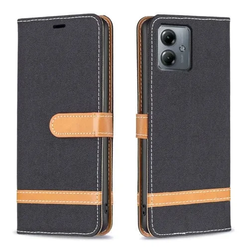 Funda para Motorola Moto G14 4G de Cuero con Textura Vaquera y Bloques de Color (Negro)