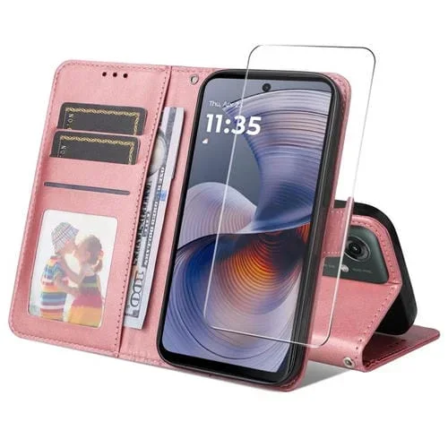 Funda para Motorola Moto G55 Enkay Textura Piel de Becerro con Tarjetero (Rosa)