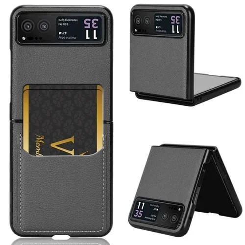 Funda para Motorola Moto Razr 40 con Ranura para Tarjeta y Textura Litchi (Gris)