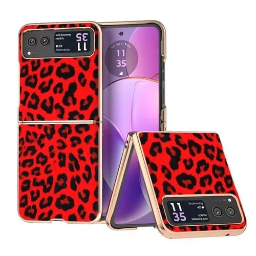 Funda para Motorola Razr 40 con Estampado de Leopardo y Nanochapado (Rojo)