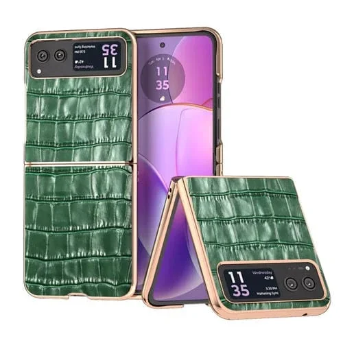 Funda para Motorola Razr 40 Galvanoplastia Cuero Genuino Textura Cocodrilo (Verde Oscuro)