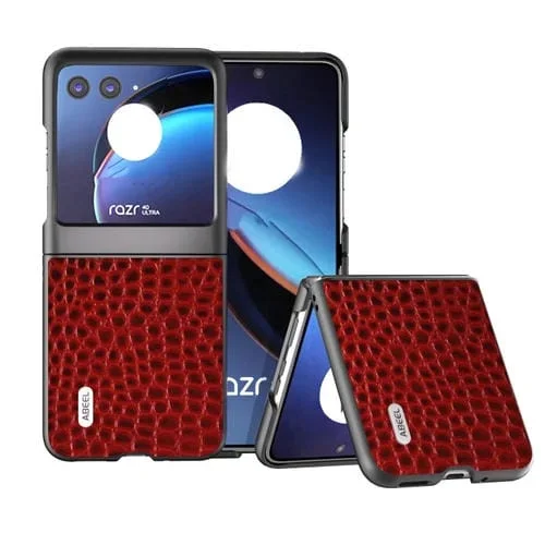 Funda para Motorola Razr 40 Ultra Cuero Genuino Patrón Cocodrilo con Borde Negro (Rojo)