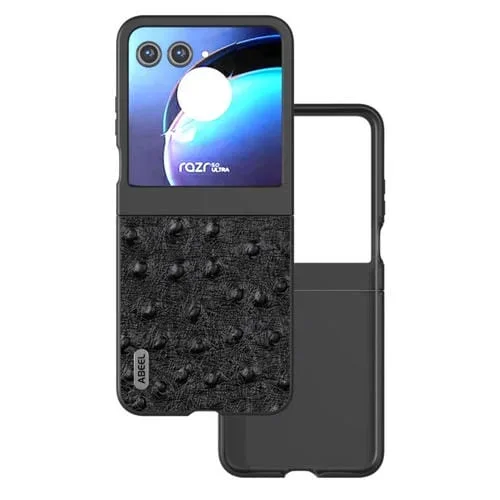 Funda para Motorola Razr 50 Abeel Cuero Genuino Textura de Avestruz (Negro)