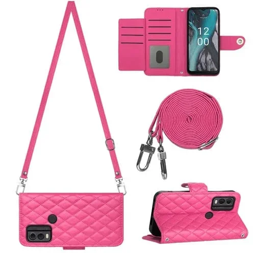 Funda para Nokia C22 de Cuero con Tapa, Textura Rómbica y Cordón Largo (Rojo Rosa)