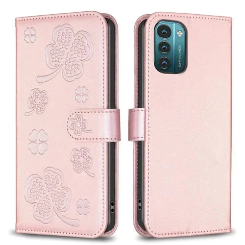 Funda para Nokia G11 / G21 de Cuero con Relieve de Cuatro Hojas (Rosa)