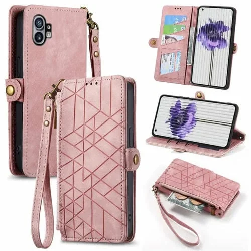 Funda para Nothing Phone 1 de Cuero con Hebilla Lateral y Billetera con Cremallera Geométrica (Rosa)