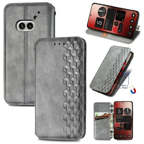 Funda para Nothing Phone 2A de Cuero Magnético Prensado con Rejilla Cúbica (Gris)