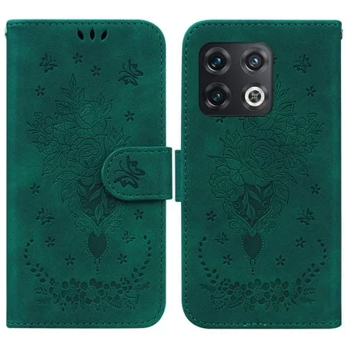 Funda para OnePlus 10 Pro 5G Butterfly Rose Foothip en Relieve de Cuero (Verde)