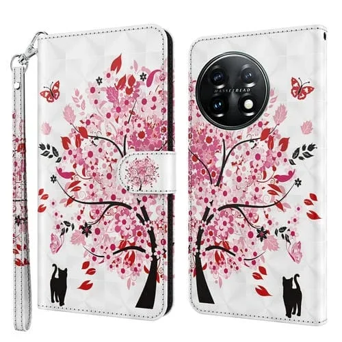 Funda para OnePlus 11 TPU + Cuero PU con Patrón de Pintura 3D (Gato Debajo del Árbol)