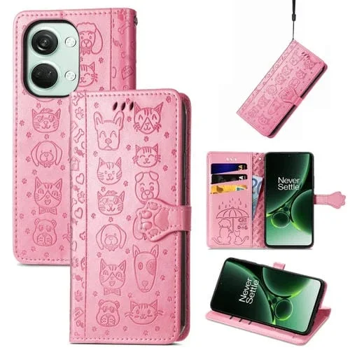 Funda para OnePlus Nord 3 de Cuero con Relieve de Gato y Perro (Rosa)
