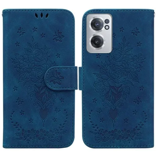 Funda para OnePlus Nord Ce 2 5G Butterfly Rose Foothip en Relieve de Cuero (Azul)