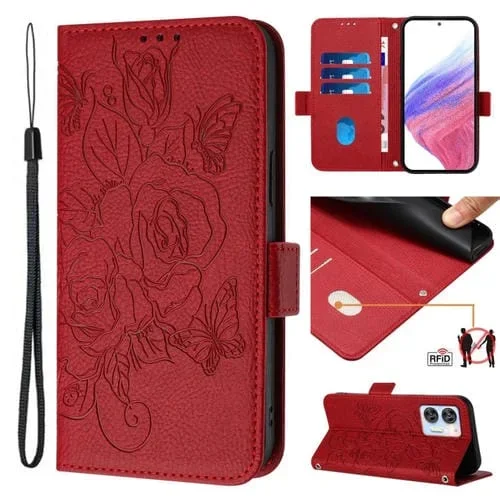 Funda para Oukitel C35 / C36 Cuero Antirrobo RFID con Rosa en Relieve (Rojo)