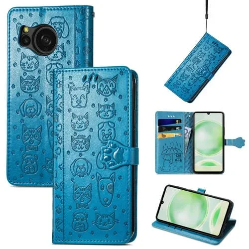 Funda para Sharp Aquos Sense8 de Cuero con Relieve de Perros y Gatos (Azul)