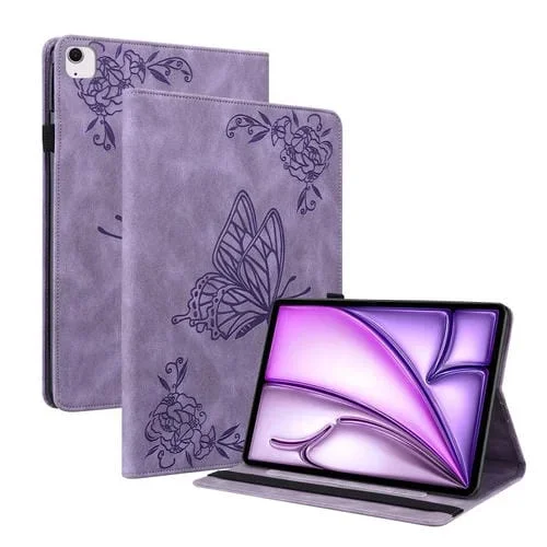 Funda para Tableta Apple iPad Air 11 2024 Cuero Relieve Flor Mariposa (Púrpura)