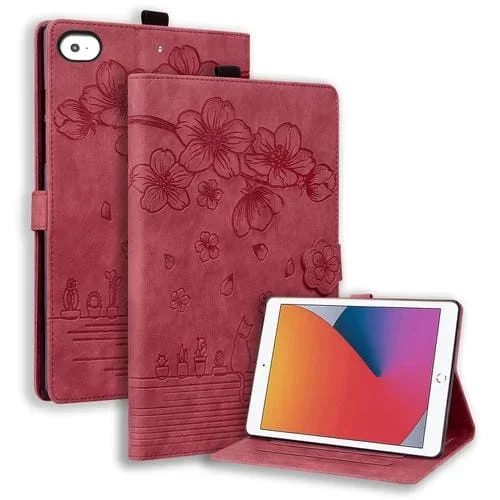 Funda para Tableta Cuero Inteligente iPad Mini 5/4/3/2/1 Relieve Gato Sakura (Rojo)