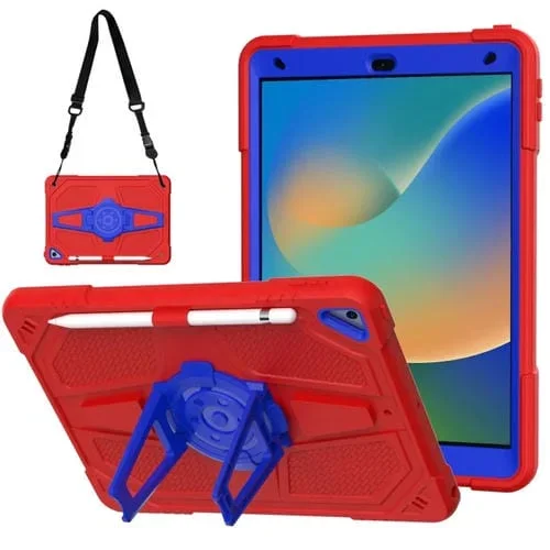 Funda para Tableta iPad 10.2 (2021/2020/2019) Silicona Híbrida con Soporte y Correa (Rojo Azul)