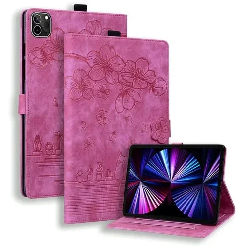 Funda para Tableta iPad Pro 12.9 Apple 2022/2021 Cuero Inteligente Relieve Gato Sakura (Rojo Rosa)