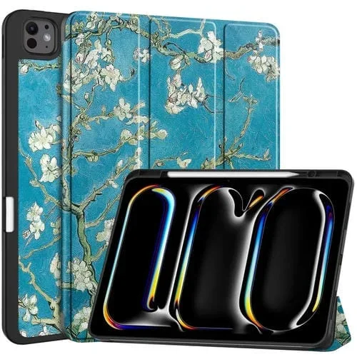 Funda para Tableta iPad Pro 13 2024 Cuero Inteligente con Soporte de 3 Pliegues y Bandeja para Bolígrafo (Flor de Albaricoque)